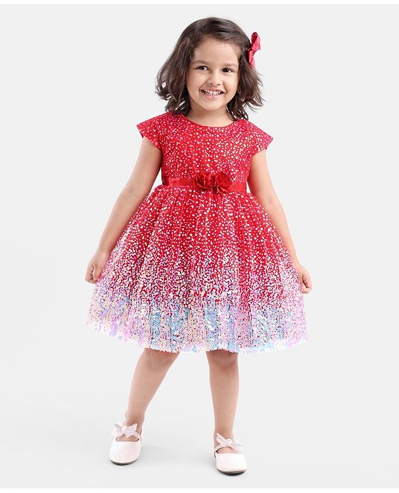 Babyhug Sleeveless Sequined Party Frock with Corsage - Red