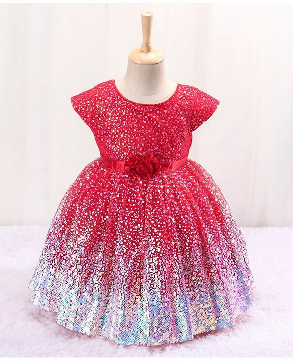 Babyhug Sleeveless Sequined Party Frock with Corsage - Red