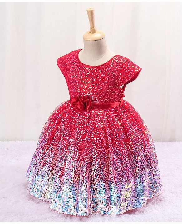 Babyhug Sleeveless Sequined Party Frock with Corsage - Red