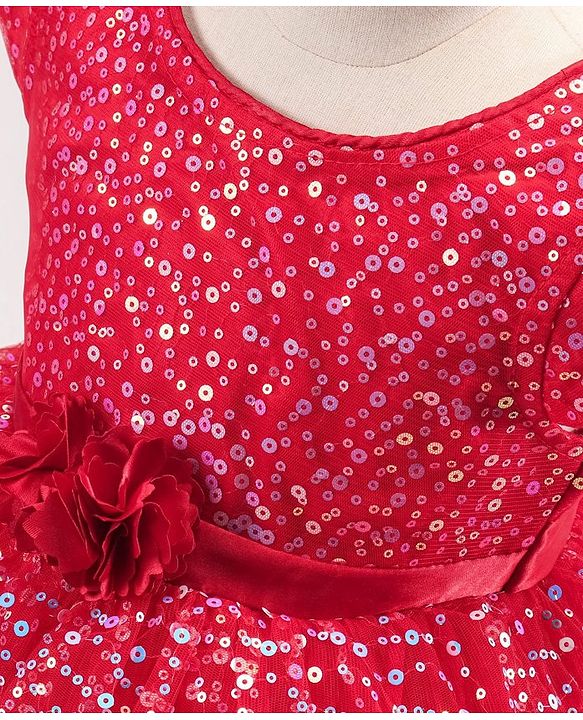 Babyhug Sleeveless Sequined Party Frock with Corsage - Red