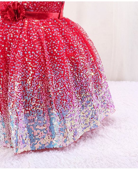 Babyhug Sleeveless Sequined Party Frock with Corsage - Red