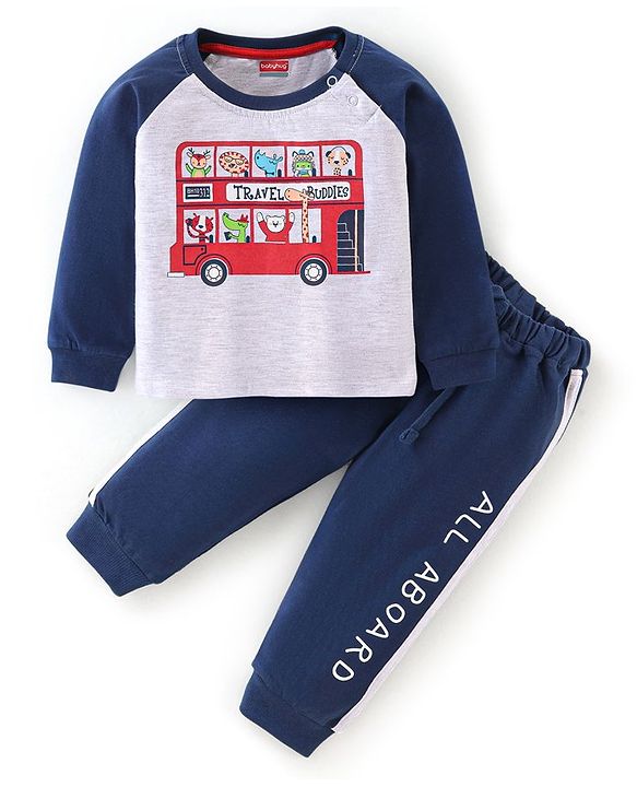 Babyhug 100% Cotton Raglan Sleeves T-Shirt & Lounge Pant Set Bus Print - Blue & White