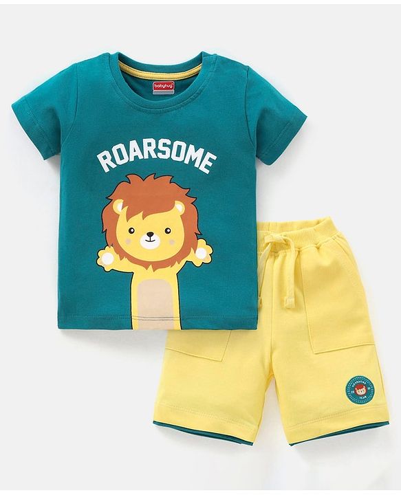 Babyhug 100% Cotton Single Jersey Half Sleeves T-Shirt & Shorts Set Lion Print - Green & Yellow