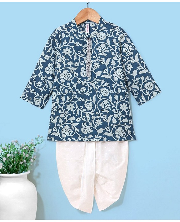 Babyhug 100% Cotton Full Sleeves Floral Printed Kurta & Dhoti - Navy Blue