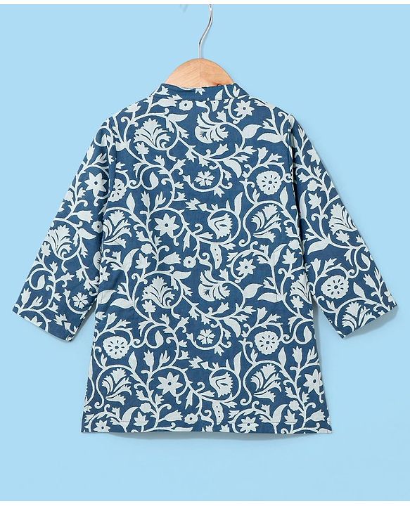 Babyhug 100% Cotton Full Sleeves Floral Printed Kurta & Dhoti - Navy Blue