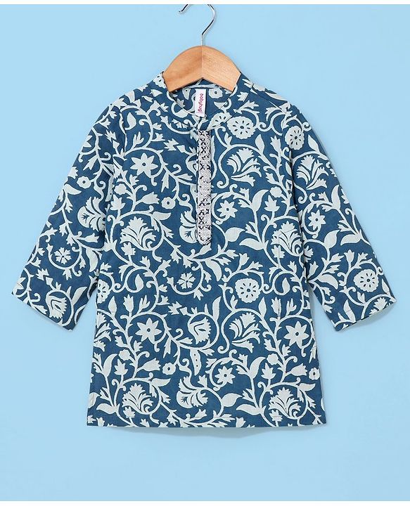 Babyhug 100% Cotton Full Sleeves Floral Printed Kurta & Dhoti - Navy Blue