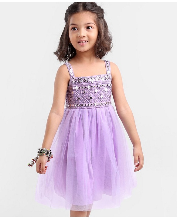 Babyhug Sleeveless Embroidered Ethnic Dress With Mirror Detailing- Lavender