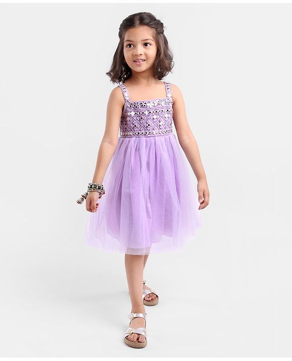 Babyhug Sleeveless Embroidered Ethnic Dress With Mirror Detailing- Lavender