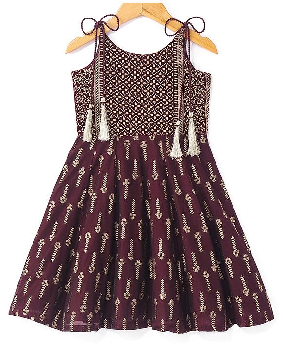 Babyhug Woven Foil Printed Sleeveless Ethnic Dress - Maroon