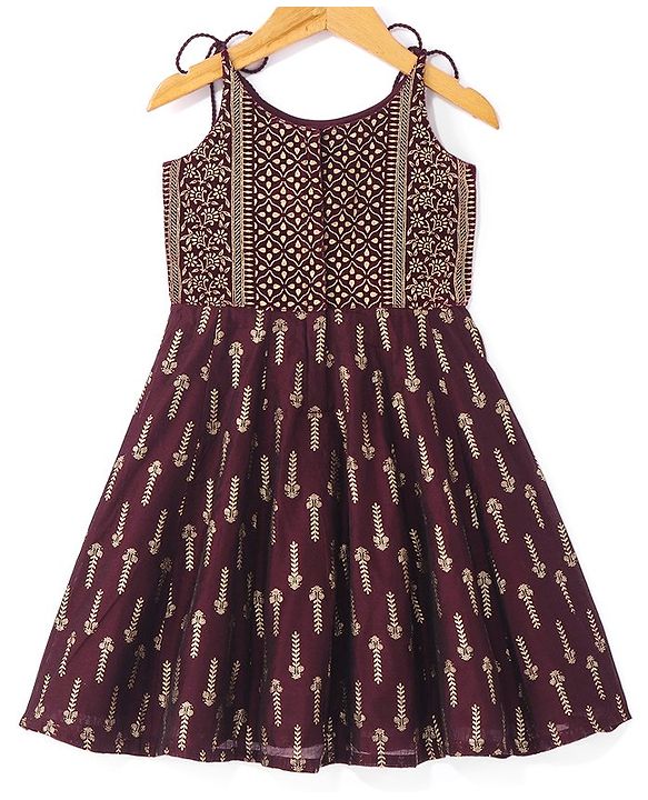 Babyhug Woven Foil Printed Sleeveless Ethnic Dress - Maroon