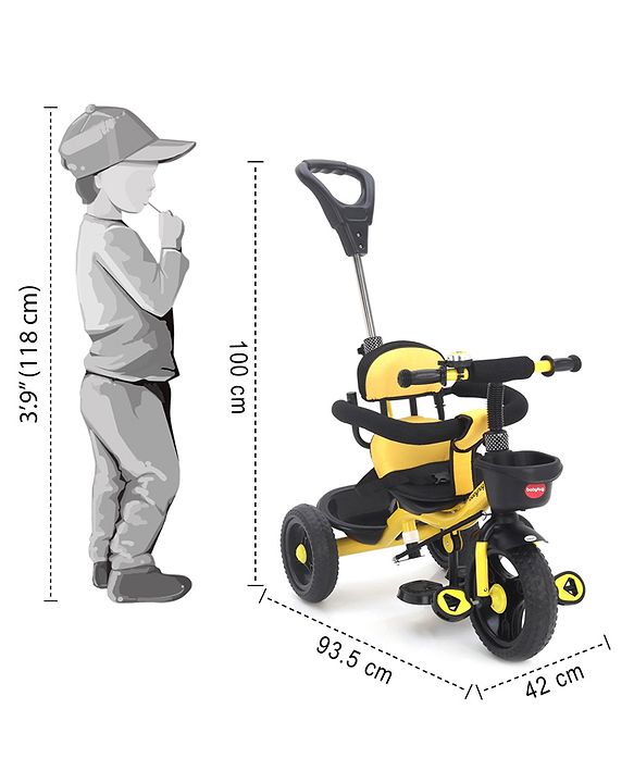 Babyhug Plug & Play Gladiator Tricycle With Parental Push Handle & Cushion Seat - Yellow