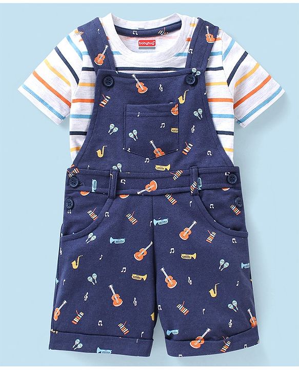 Babyhug Cotton Knit Guitar Printed Dungaree with Half Sleeves Striped T-Shirt Set - Blue & White