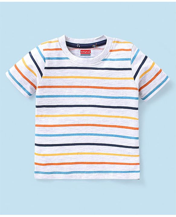 Babyhug Cotton Knit Guitar Printed Dungaree with Half Sleeves Striped T-Shirt Set - Blue & White