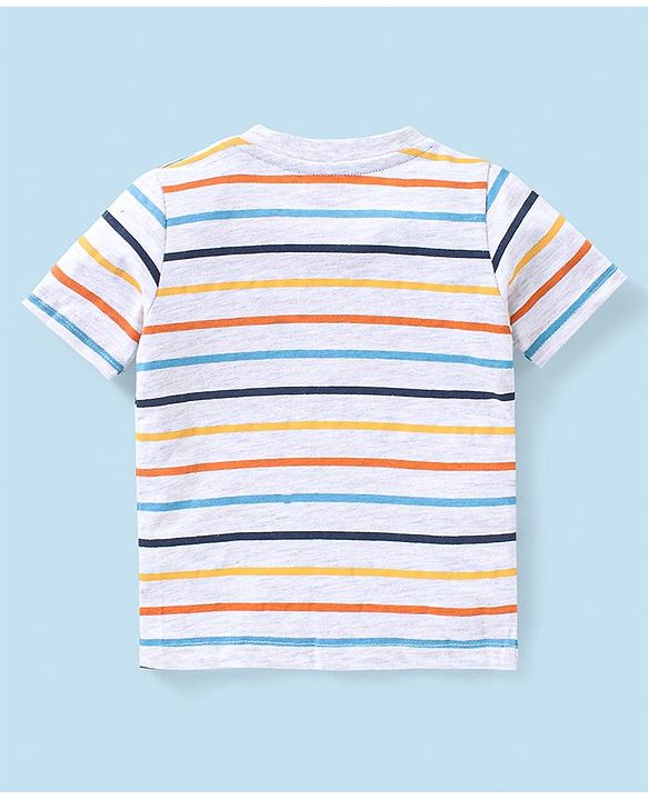 Babyhug Cotton Knit Guitar Printed Dungaree with Half Sleeves Striped T-Shirt Set - Blue & White
