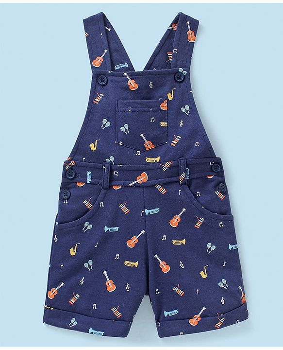 Babyhug Cotton Knit Guitar Printed Dungaree with Half Sleeves Striped T-Shirt Set - Blue & White