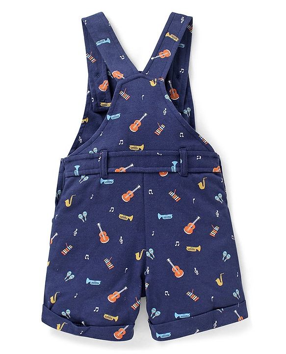 Babyhug Cotton Knit Guitar Printed Dungaree with Half Sleeves Striped T-Shirt Set - Blue & White