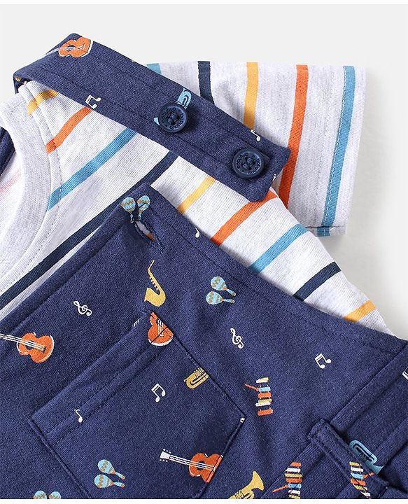 Babyhug Cotton Knit Guitar Printed Dungaree with Half Sleeves Striped T-Shirt Set - Blue & White