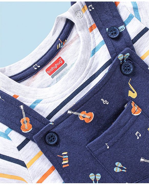 Babyhug Cotton Knit Guitar Printed Dungaree with Half Sleeves Striped T-Shirt Set - Blue & White
