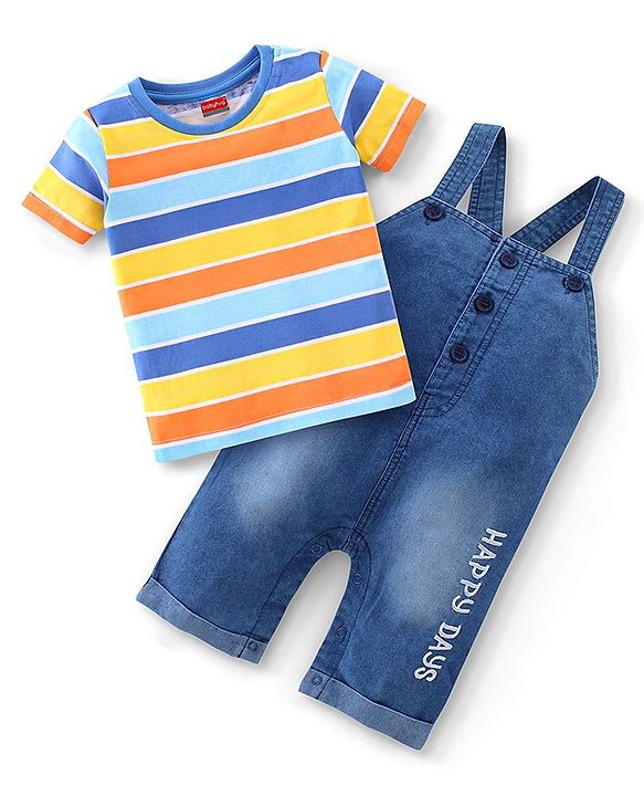 Babyhug Single Jersey Half Sleeves T-Shirt & Denim Dungaree With Text Embroidery - Blue & Orange