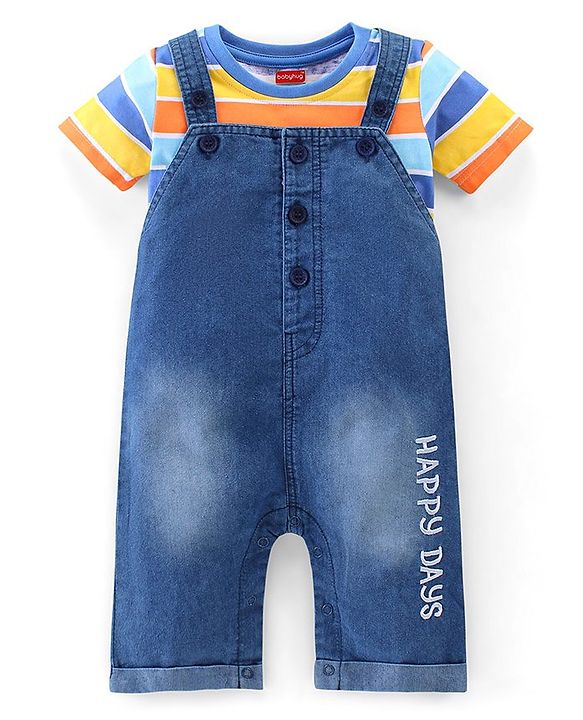 Babyhug Single Jersey Half Sleeves T-Shirt & Denim Dungaree With Text Embroidery - Blue & Orange