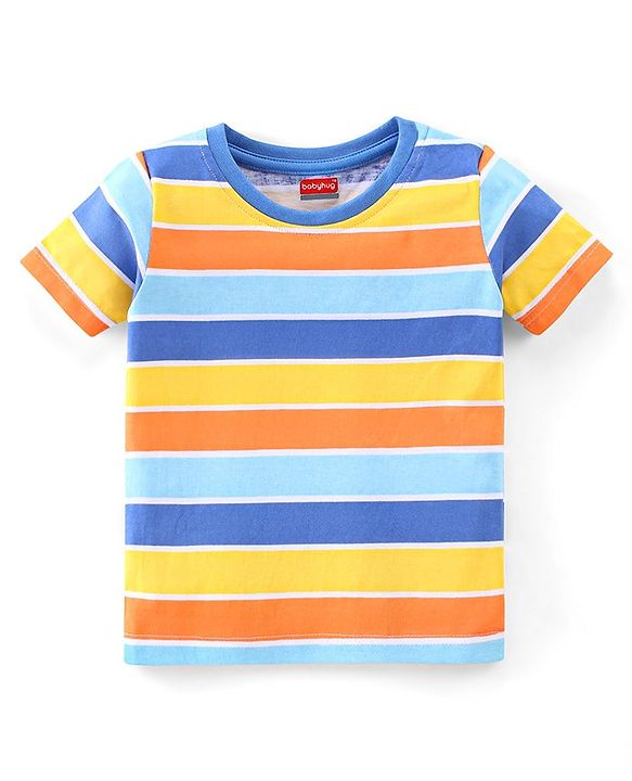 Babyhug Single Jersey Half Sleeves T-Shirt & Denim Dungaree With Text Embroidery - Blue & Orange