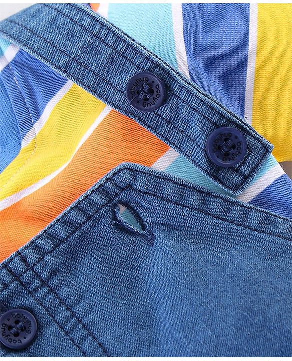 Babyhug Single Jersey Half Sleeves T-Shirt & Denim Dungaree With Text Embroidery - Blue & Orange