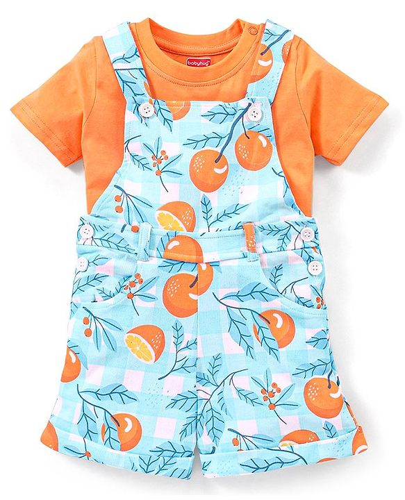 Babyhug 100% Cotton Knit Dungaree and Half Sleeves T-Shirt Set Solid Colour and Fruits Print - Orange & Blue