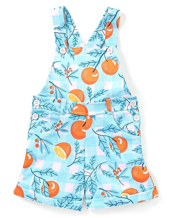 Babyhug 100% Cotton Knit Dungaree and Half Sleeves T-Shirt Set Solid Colour and Fruits Print - Orange & Blue