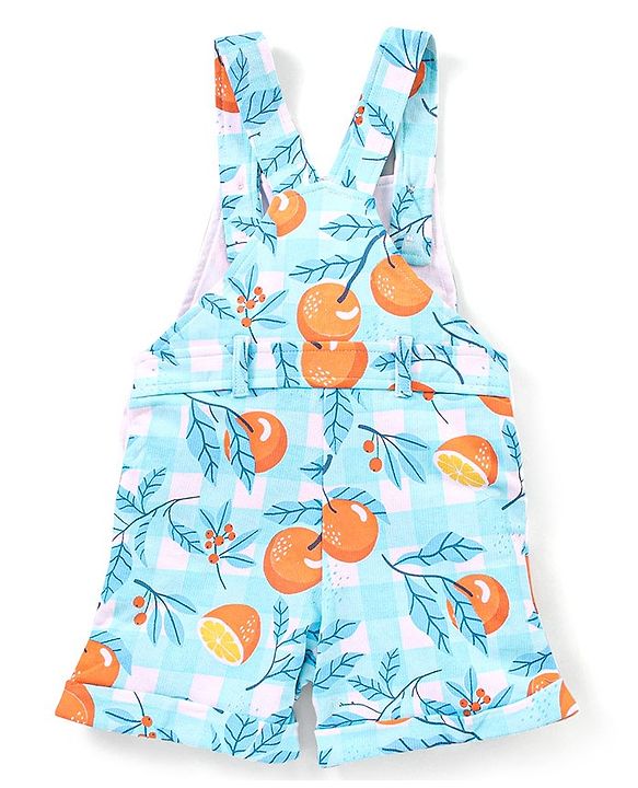 Babyhug 100% Cotton Knit Dungaree and Half Sleeves T-Shirt Set Solid Colour and Fruits Print - Orange & Blue
