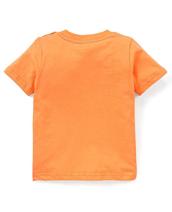 Babyhug 100% Cotton Knit Dungaree and Half Sleeves T-Shirt Set Solid Colour and Fruits Print - Orange & Blue