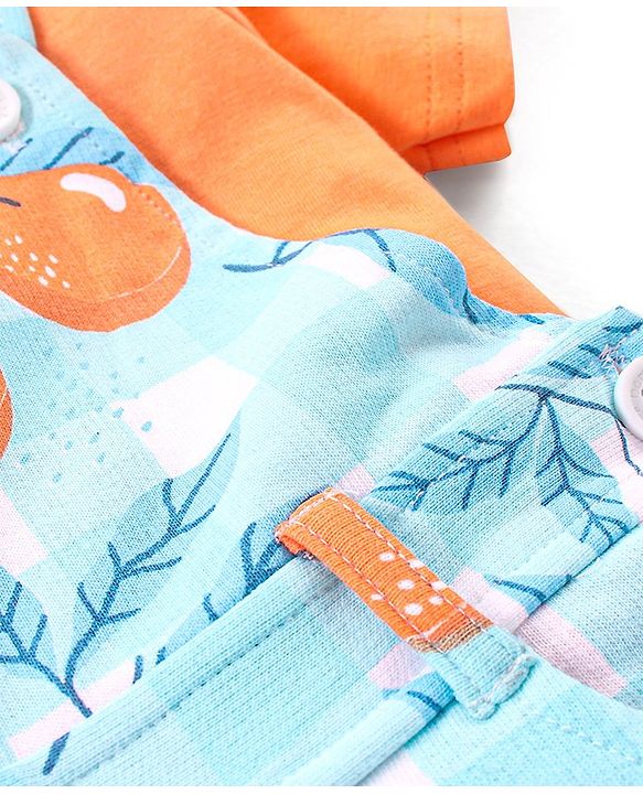 Babyhug 100% Cotton Knit Dungaree and Half Sleeves T-Shirt Set Solid Colour and Fruits Print - Orange & Blue