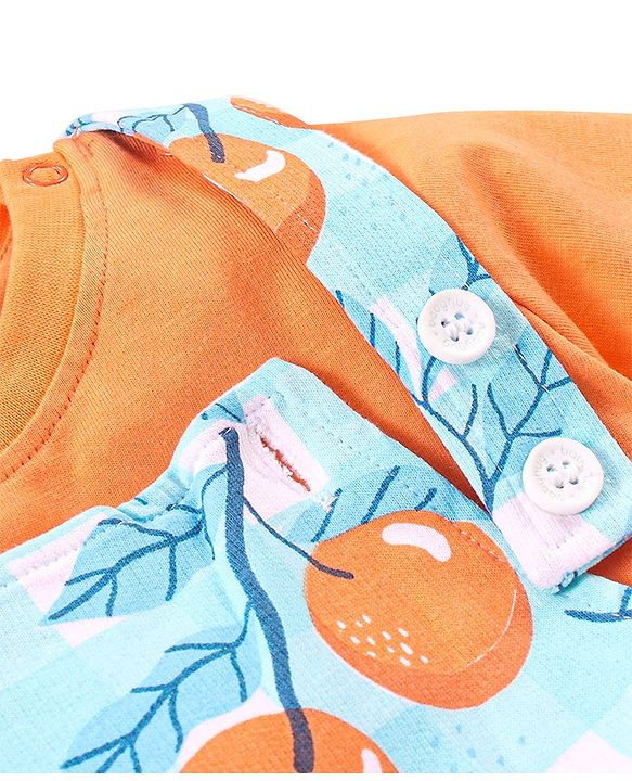 Babyhug 100% Cotton Knit Dungaree and Half Sleeves T-Shirt Set Solid Colour and Fruits Print - Orange & Blue