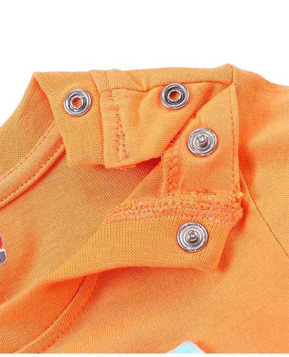 Babyhug 100% Cotton Knit Dungaree and Half Sleeves T-Shirt Set Solid Colour and Fruits Print - Orange & Blue