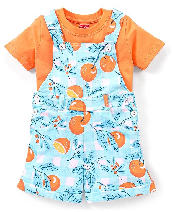 Babyhug 100% Cotton Knit Dungaree and Half Sleeves T-Shirt Set Solid Colour and Fruits Print - Orange & Blue