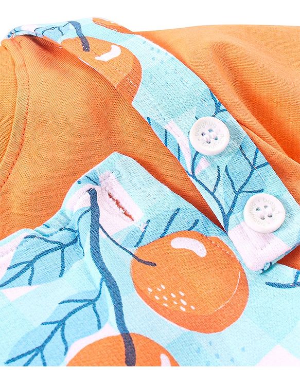 Babyhug 100% Cotton Knit Dungaree and Half Sleeves T-Shirt Set Solid Colour and Fruits Print - Orange & Blue