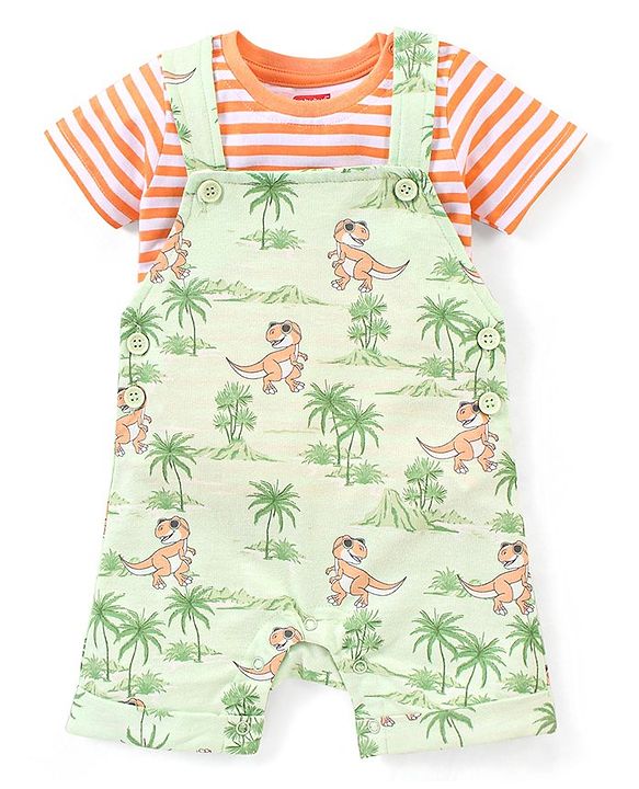 Babyhug Cotton Knit Dungaree and Half Sleeves T-Shirt Set Stripes & Dino Print - Orange & Light Green