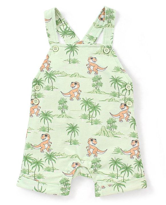 Babyhug Cotton Knit Dungaree and Half Sleeves T-Shirt Set Stripes & Dino Print - Orange & Light Green