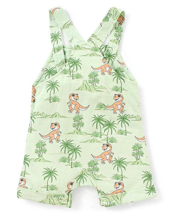 Babyhug Cotton Knit Dungaree and Half Sleeves T-Shirt Set Stripes & Dino Print - Orange & Light Green