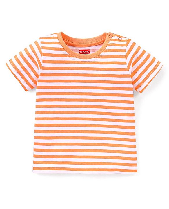 Babyhug Cotton Knit Dungaree and Half Sleeves T-Shirt Set Stripes & Dino Print - Orange & Light Green