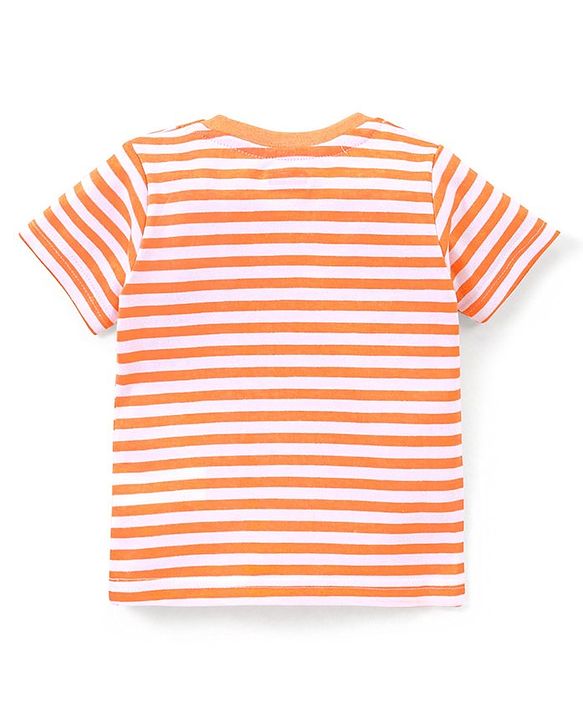 Babyhug Cotton Knit Dungaree and Half Sleeves T-Shirt Set Stripes & Dino Print - Orange & Light Green
