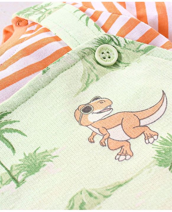 Babyhug Cotton Knit Dungaree and Half Sleeves T-Shirt Set Stripes & Dino Print - Orange & Light Green