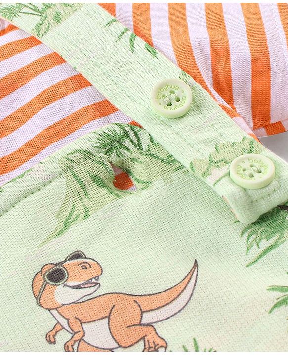 Babyhug Cotton Knit Dungaree and Half Sleeves T-Shirt Set Stripes & Dino Print - Orange & Light Green