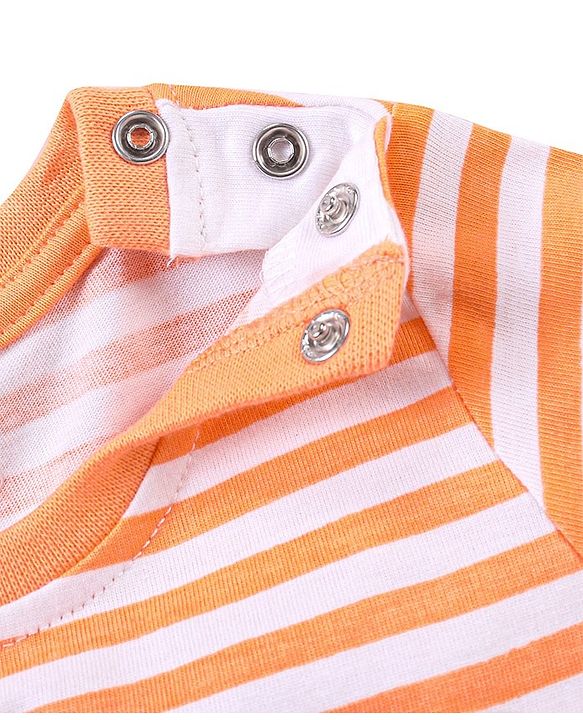 Babyhug Cotton Knit Dungaree and Half Sleeves T-Shirt Set Stripes & Dino Print - Orange & Light Green