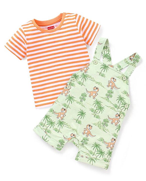 Babyhug Cotton Knit Dungaree and Half Sleeves T-Shirt Set Stripes & Dino Print - Orange & Light Green