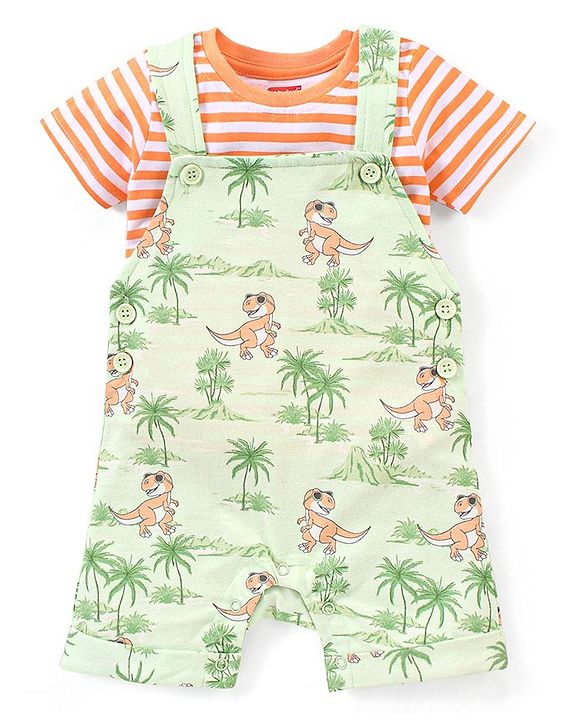 Babyhug Cotton Knit Dungaree and Half Sleeves T-Shirt Set Stripes & Dino Print - Orange & Light Green
