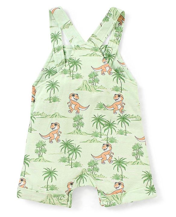Babyhug Cotton Knit Dungaree and Half Sleeves T-Shirt Set Stripes & Dino Print - Orange & Light Green