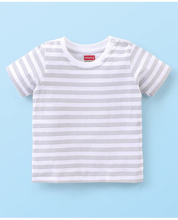 Babyhug Cotton Knit Wild Animal Print Knee length Dungaree with Half Sleeves Stripe Inner Tee - Grey & Blue