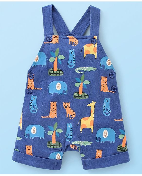 Babyhug Cotton Knit Wild Animal Print Knee length Dungaree with Half Sleeves Stripe Inner Tee - Grey & Blue