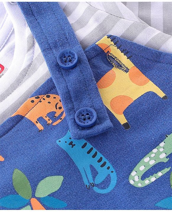 Babyhug Cotton Knit Wild Animal Print Knee length Dungaree with Half Sleeves Stripe Inner Tee - Grey & Blue