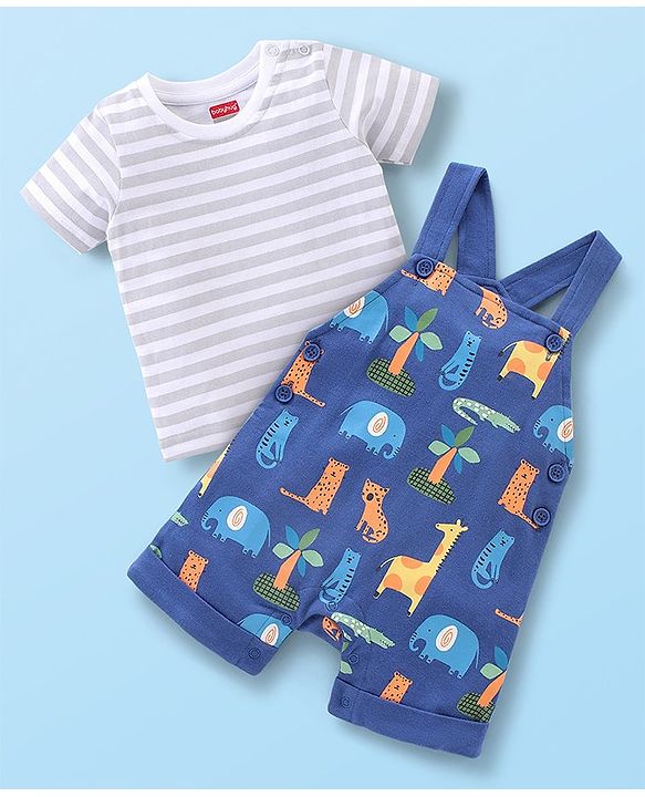 Babyhug Cotton Knit Wild Animal Print Knee length Dungaree with Half Sleeves Stripe Inner Tee - Grey & Blue